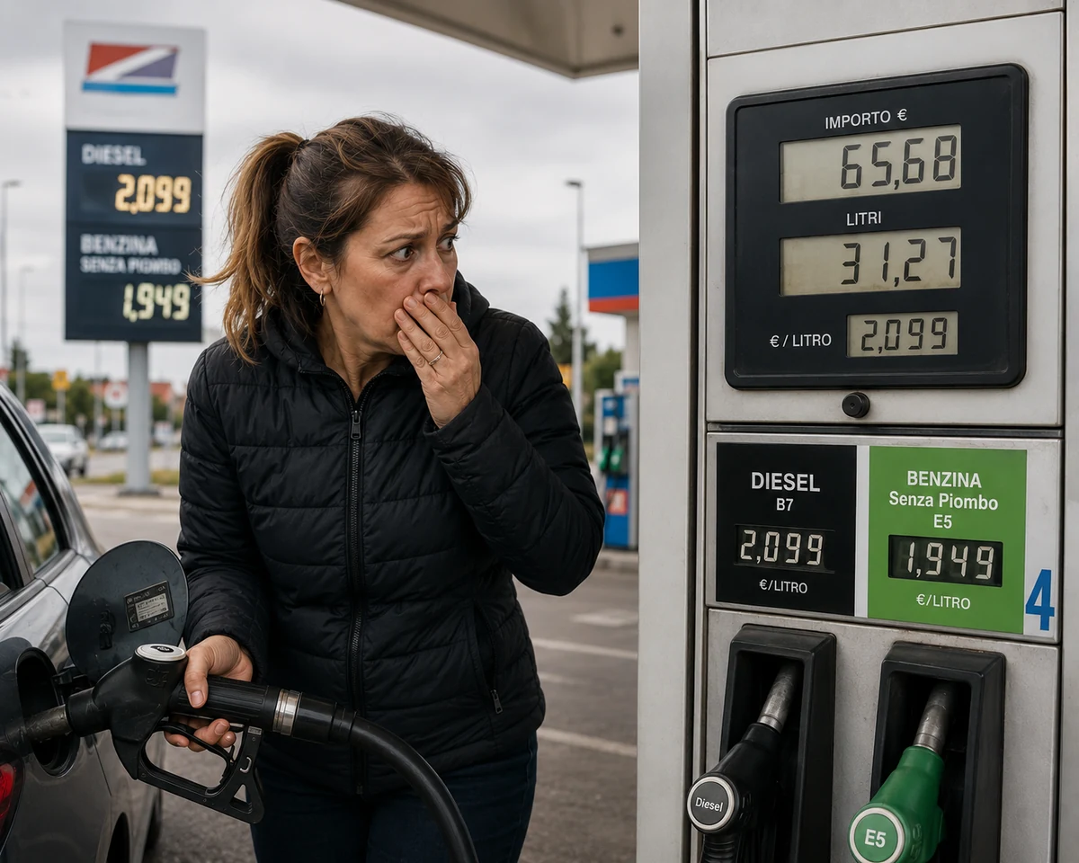 Donna preoccupata dai prezzi alti del carburante al distributore