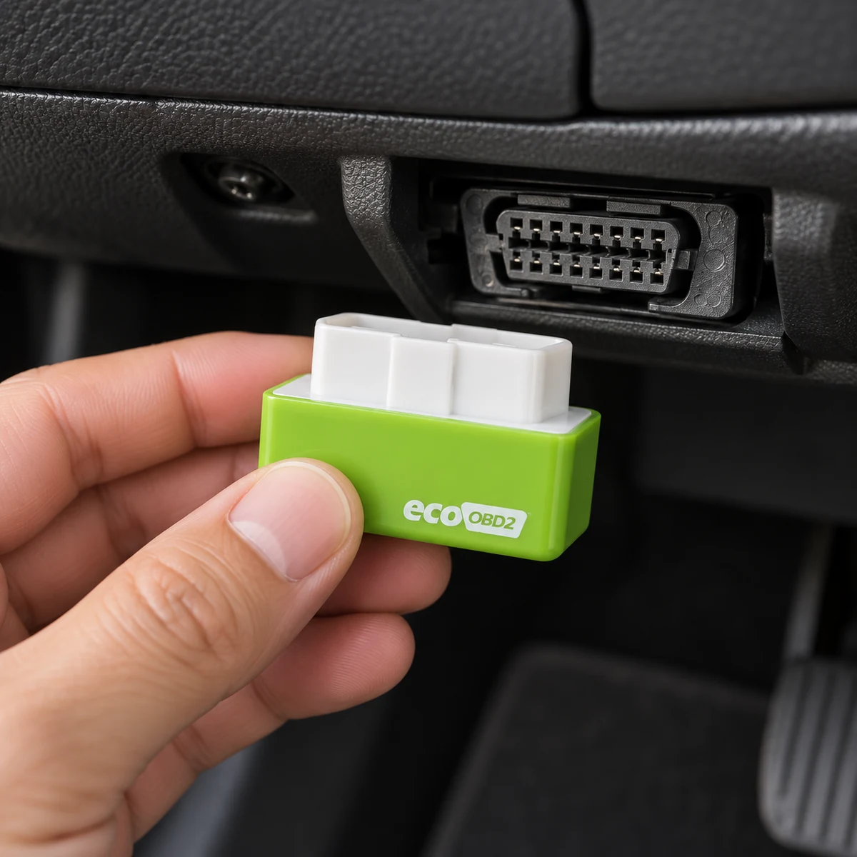 Mano che inserisce Nitro OBD2 ECO nella presa OBD2 sotto il volante